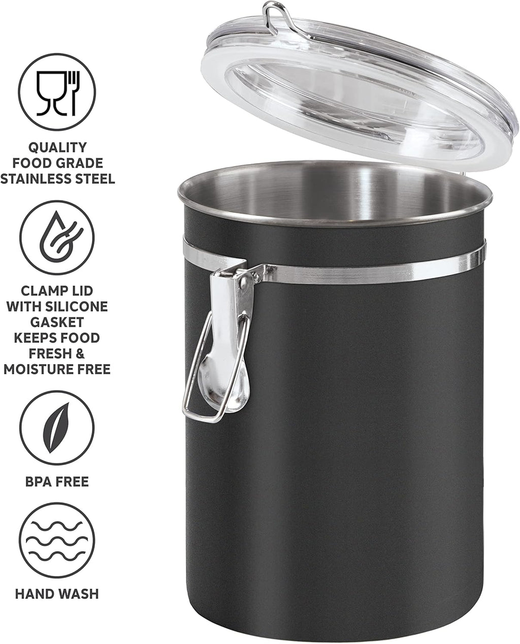 Oggi Stainless Steel Kitchen Canister 47 fl oz, Black - Airtight Clamp Lid, Clear See-Thru Top