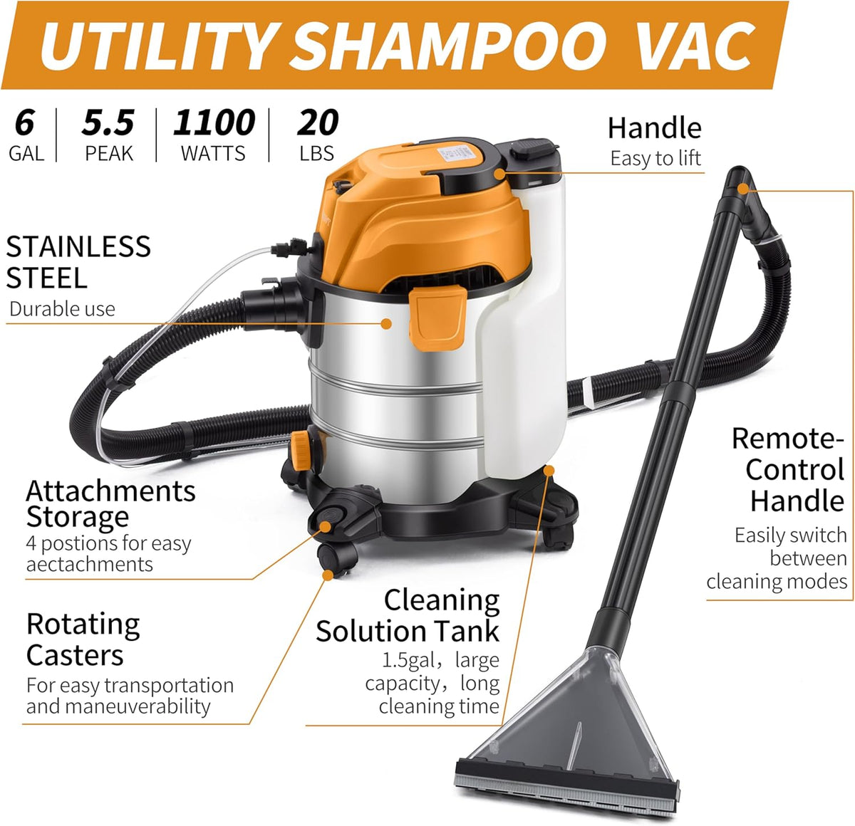 [EFN Clearance] Shop Vacuum Wet and Dry, 6 Gallon 5.5 Peak HP, 3 in 1 Wet/Dry/Upholstery Shop Vac
