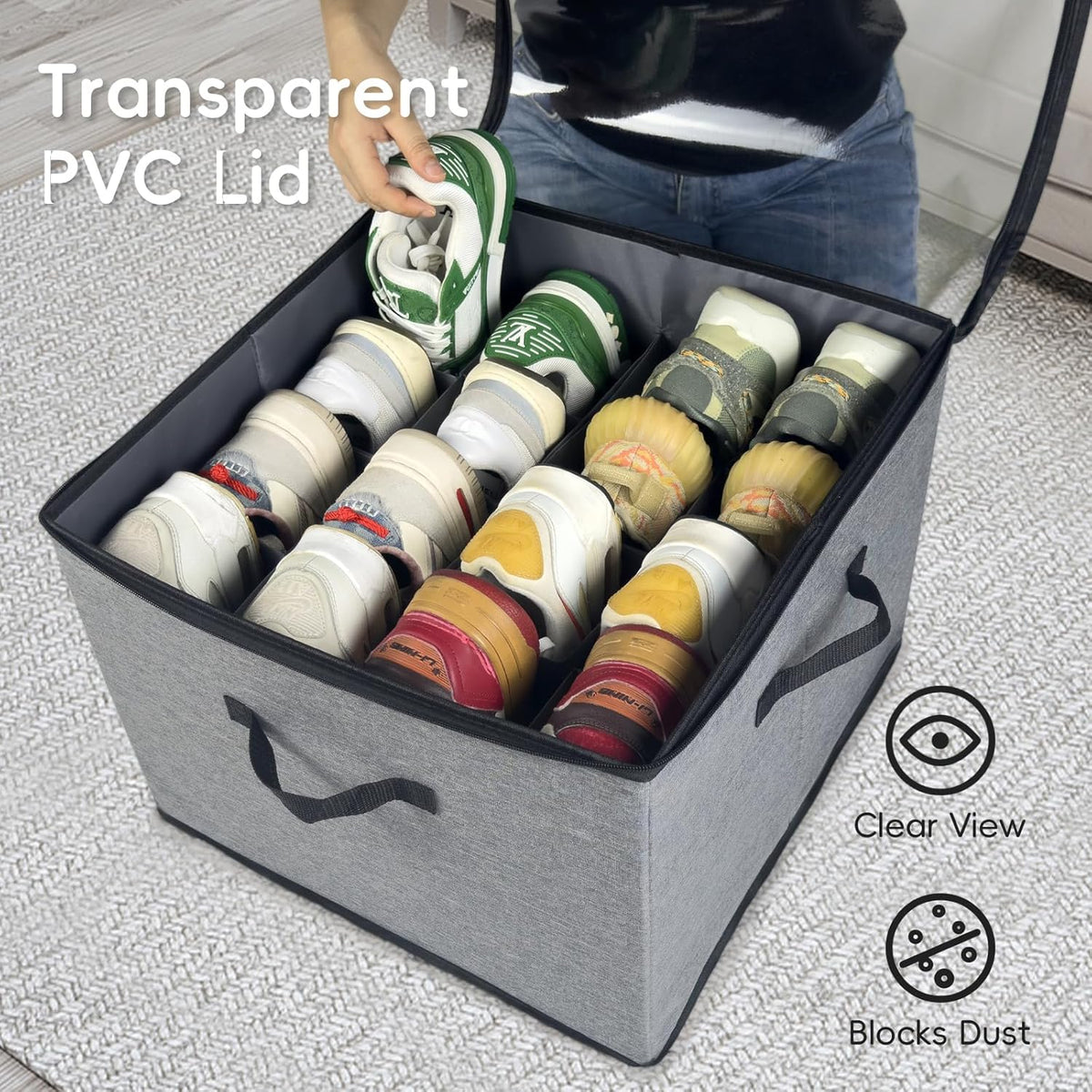 Shoe Organizer Box 2 Pack, Shoe Storage Organizer with Clear Cover, Adjustable Dividers Fits 16-32