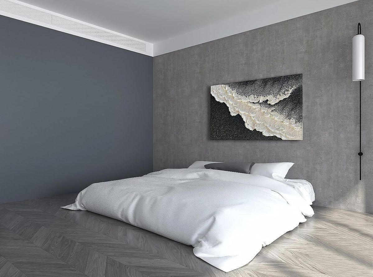 NANKAI Handcrafted Thick Texture Black and White Abstract Canvas Art Ocean Wave Beach Landscape Oil