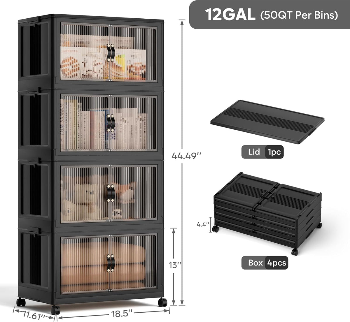 Jalove 50QT Plastic Storage Bins with lids, Stackable Collapsible Storage Containers with Wheels