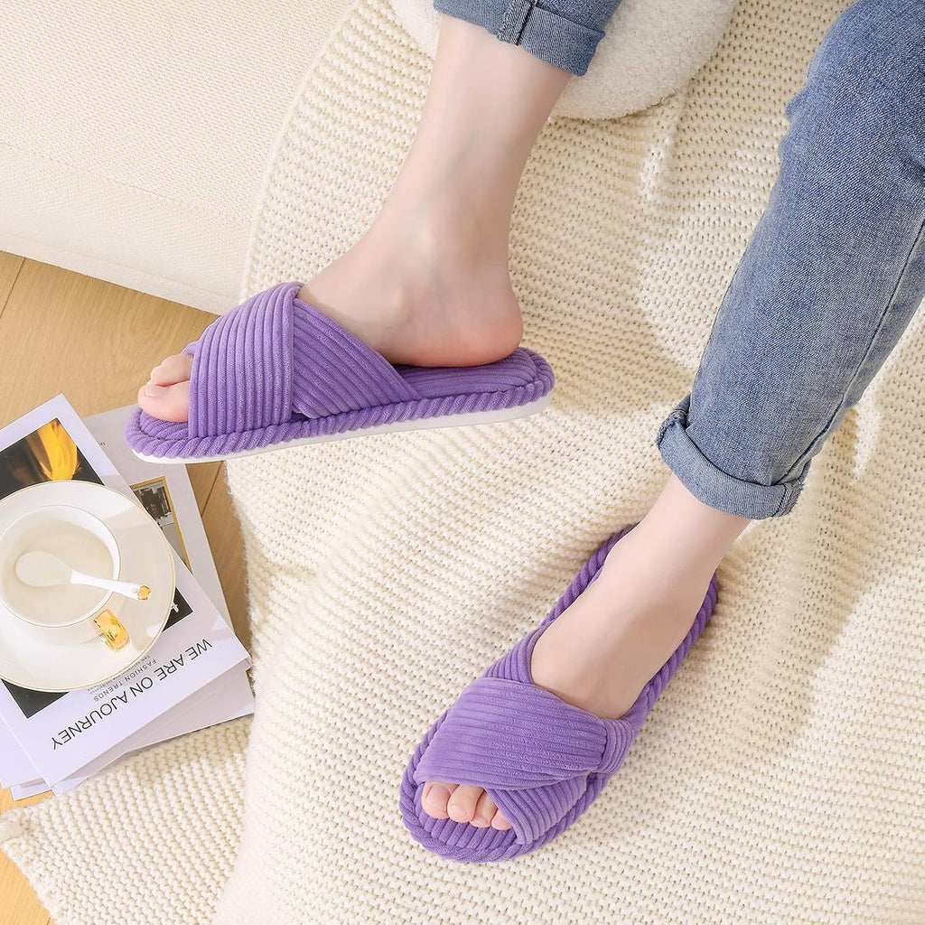 Evshine Summer House Slippers for Women Corduroy Cross Bow Indoor Slippers Open Toe Slip On Bedroom