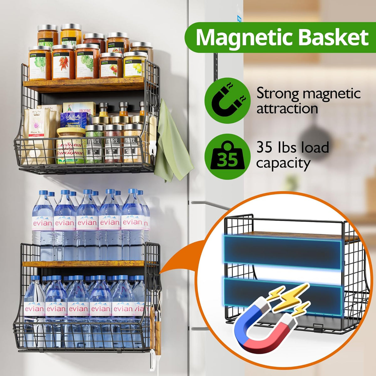 2 Pack Magnetic Shelf for Fridge with Wood Lid, Fruit Potato and Onion Storage Bins, Pantry
