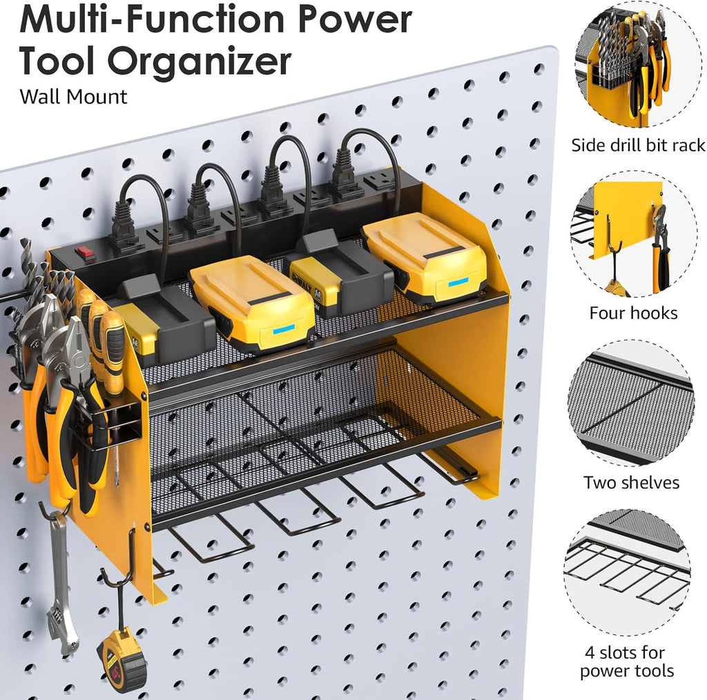 CCCEI Set Power Tool Organizer Wall Mount with Charging Station. Garage 4 Drill Storage Shelf with
