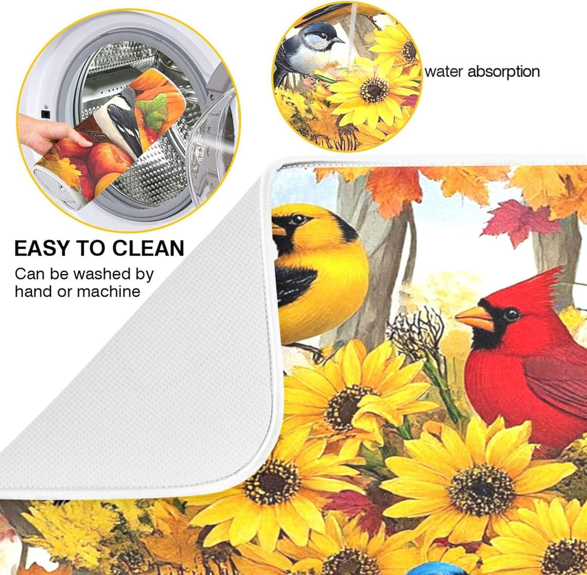 Fall Birds Dish Drying Mat for Kitchen Countertop 18x24 Autumn Pumpkin Sunflower Large Drying Mat