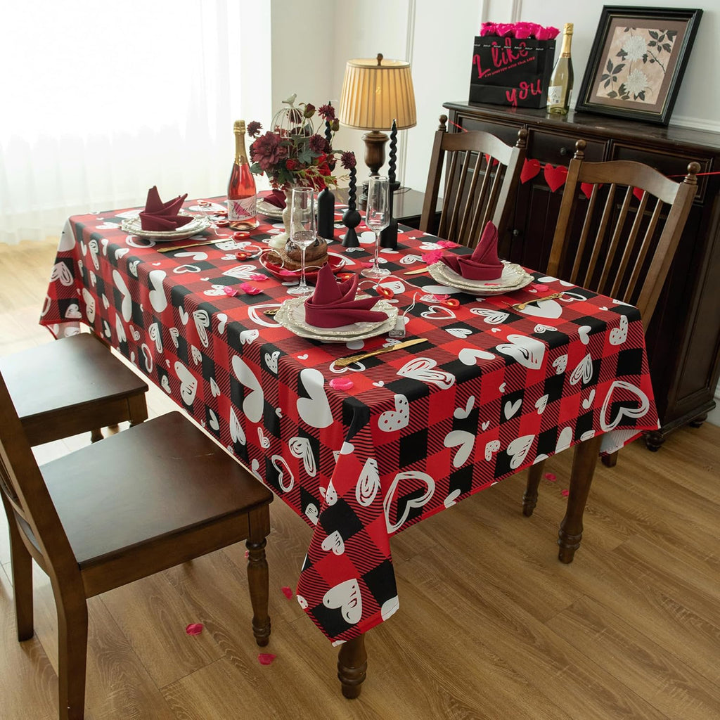 Red Waterproof Plaid Valentines’ Day Tablecloth Fabric - Square 58x58 Inch Classic Love Heart Table