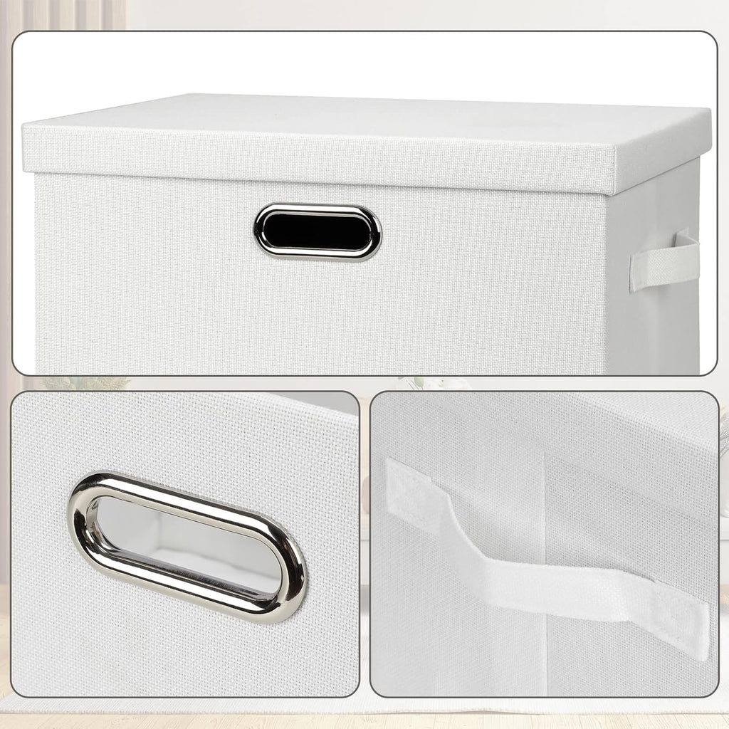 Large 17" 36 Quart Collapsible Stackable Storage Bins with Lids, 3 Packs White Linen Fabric Closet