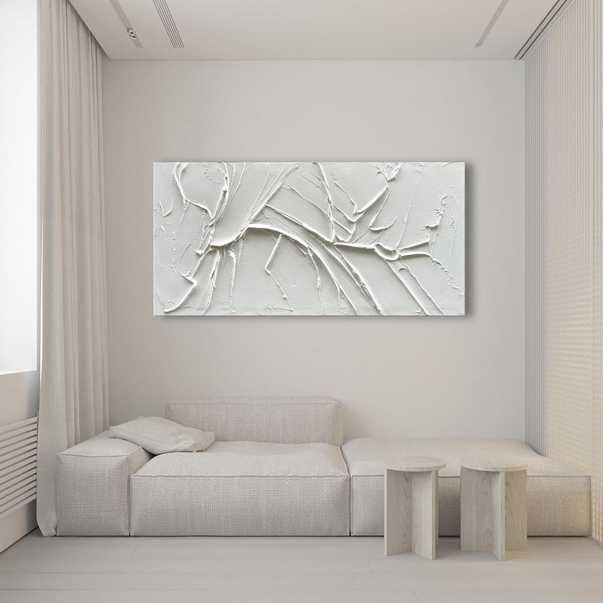 NANKAI Hand-Painted Thick Texture White Minimalist Oil Painting 30x60 Inch Large Contemporary Art