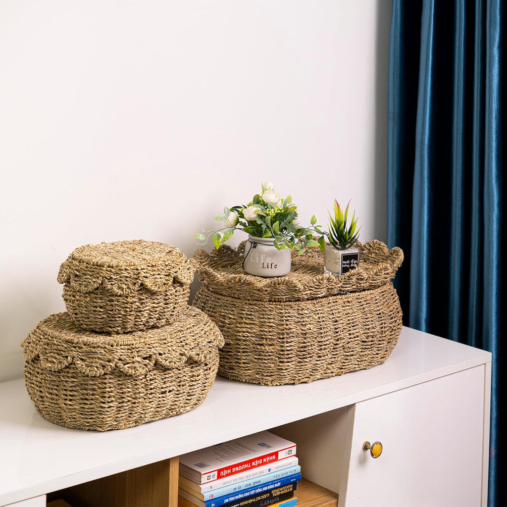 KOLWOVEN Set of 3 Wicker Storage Baskets with Lid - Decorative Handwoven Rattan Baskets for