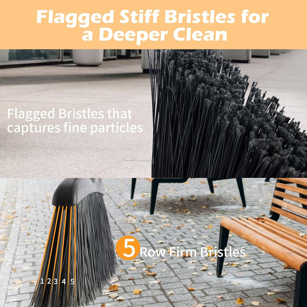 Outdoor Broom and Dustpan Set with Long Handle, Commercial Upright Standing Dust Pan with Windbreak