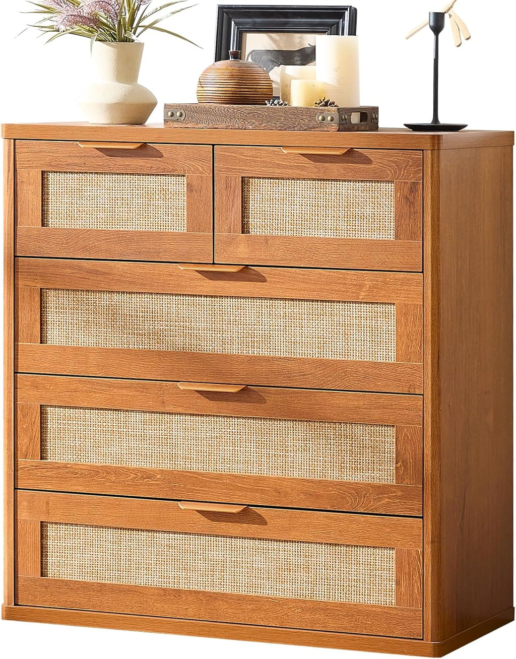 LEYAOYAO Rattan Dresser for Bedroom, 33.5" Tall Chest of Drawers, Modern 5 Drawers Boho Dressers
