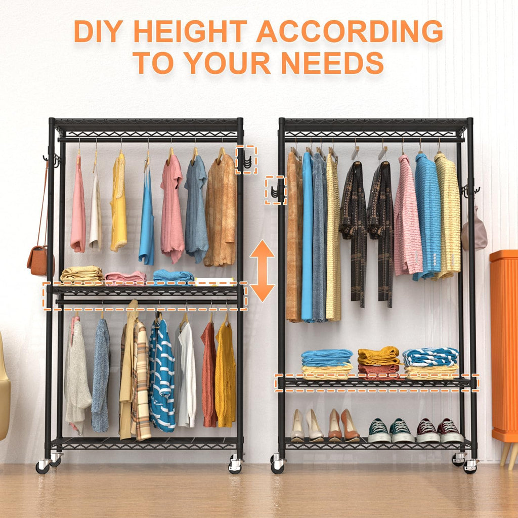 Clothes Rack, Clothing Racks for Hanging Clothes, 3 Tiers Adjustable Garment Rack with Wheels |