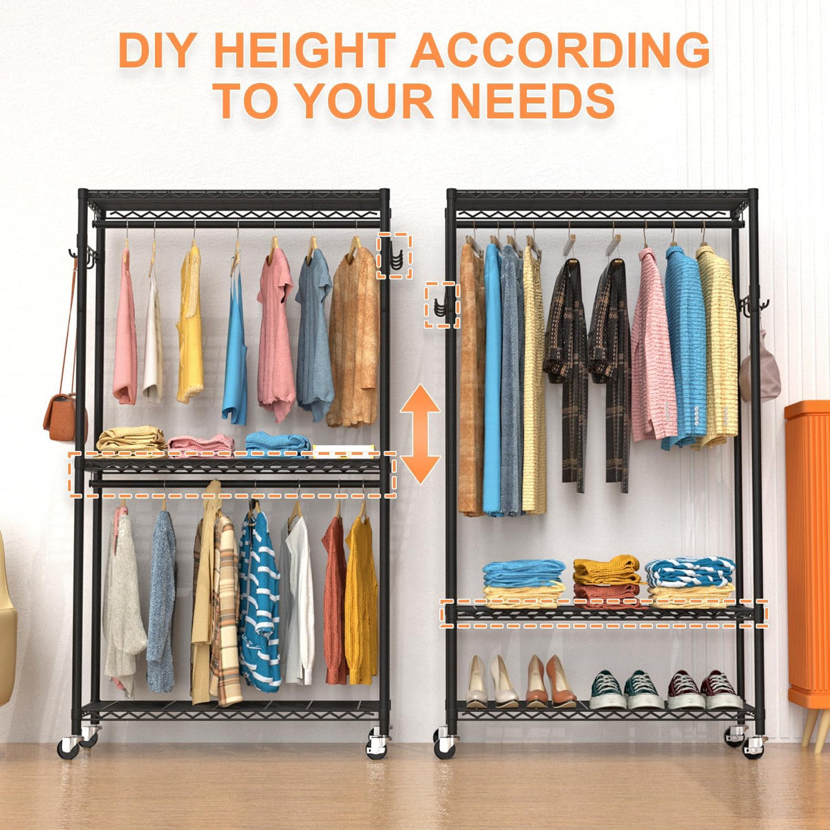 Clothes Rack, Clothing Racks for Hanging Clothes, 3 Tiers Adjustable Garment Rack with Wheels |