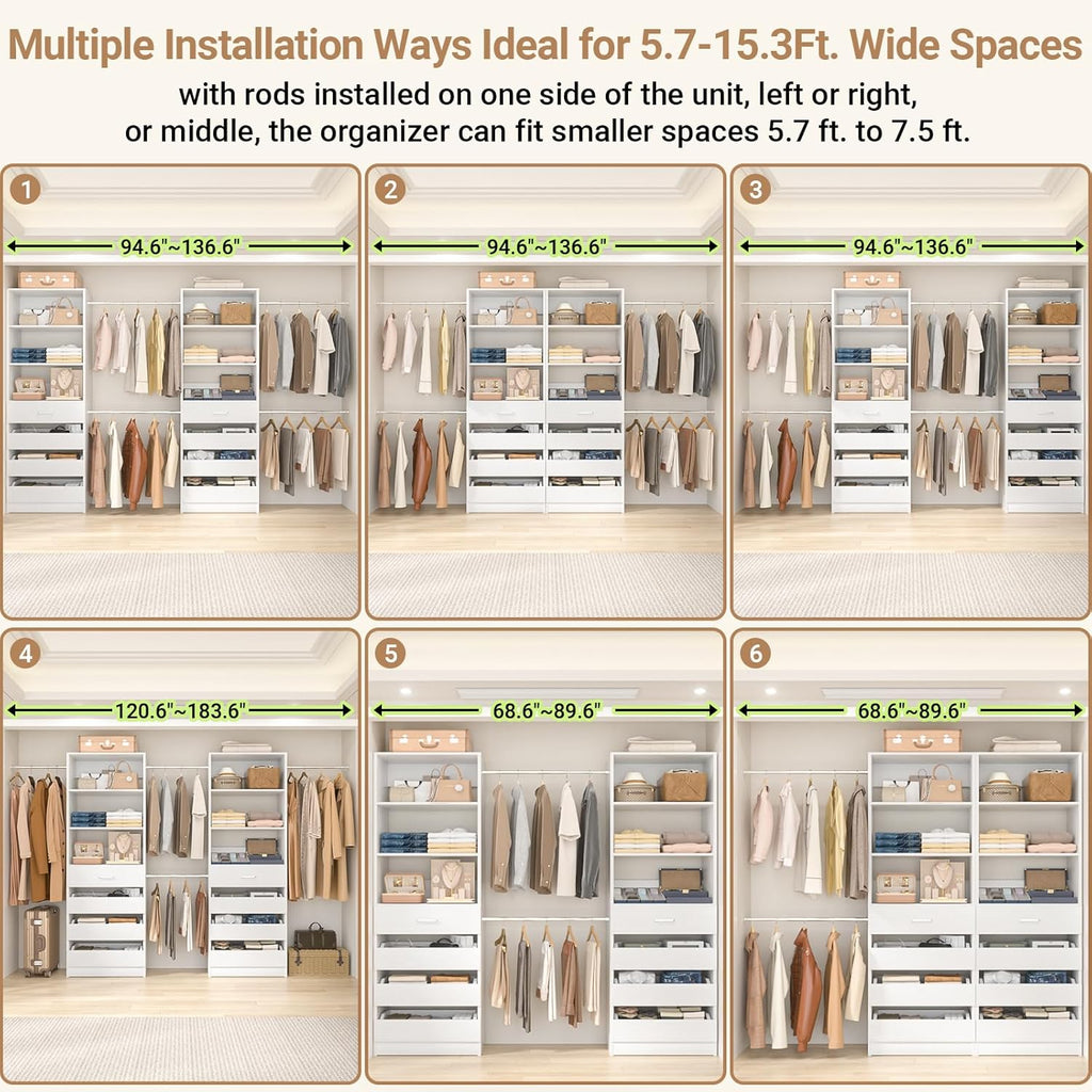 Aheaplus Closet System, 6-15Ft Closet Organizer with 8 Wooden Drawers, Wood Closet Organizer System