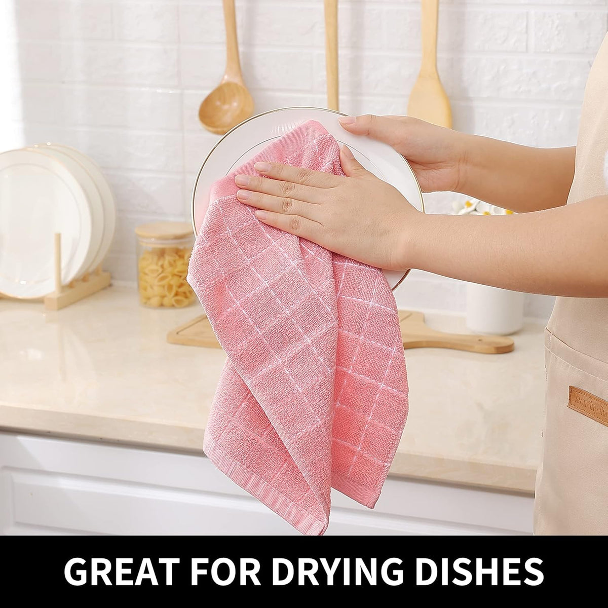 Homaxy 100% Cotton Terry Kitchen Towels(Pink, 13 x 28 inches), Checkered Designed, Soft and Super