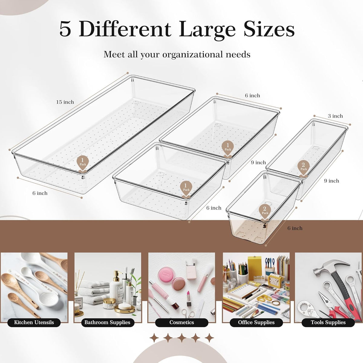 Criusia Clear Drawer Organizer 7 PCS - 5 Size Plastic Versatile Kitchen and Bathroom Organizer