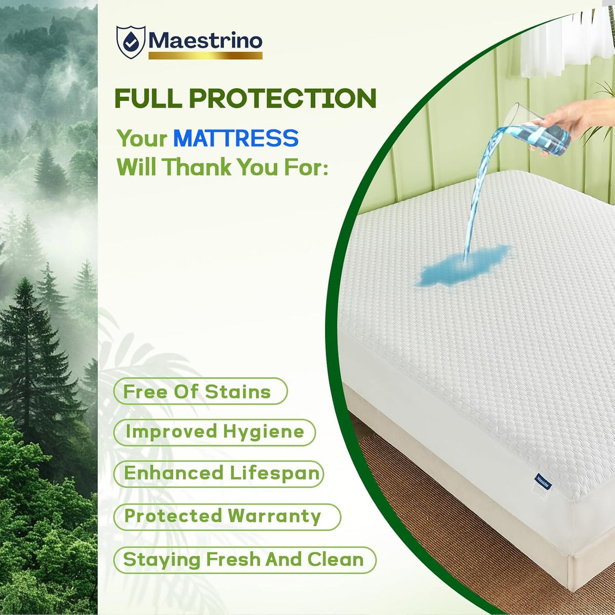 Premium Tencel Full Size Mattress Protector Cover in White, Natural and Skin Soft, Waterproof and