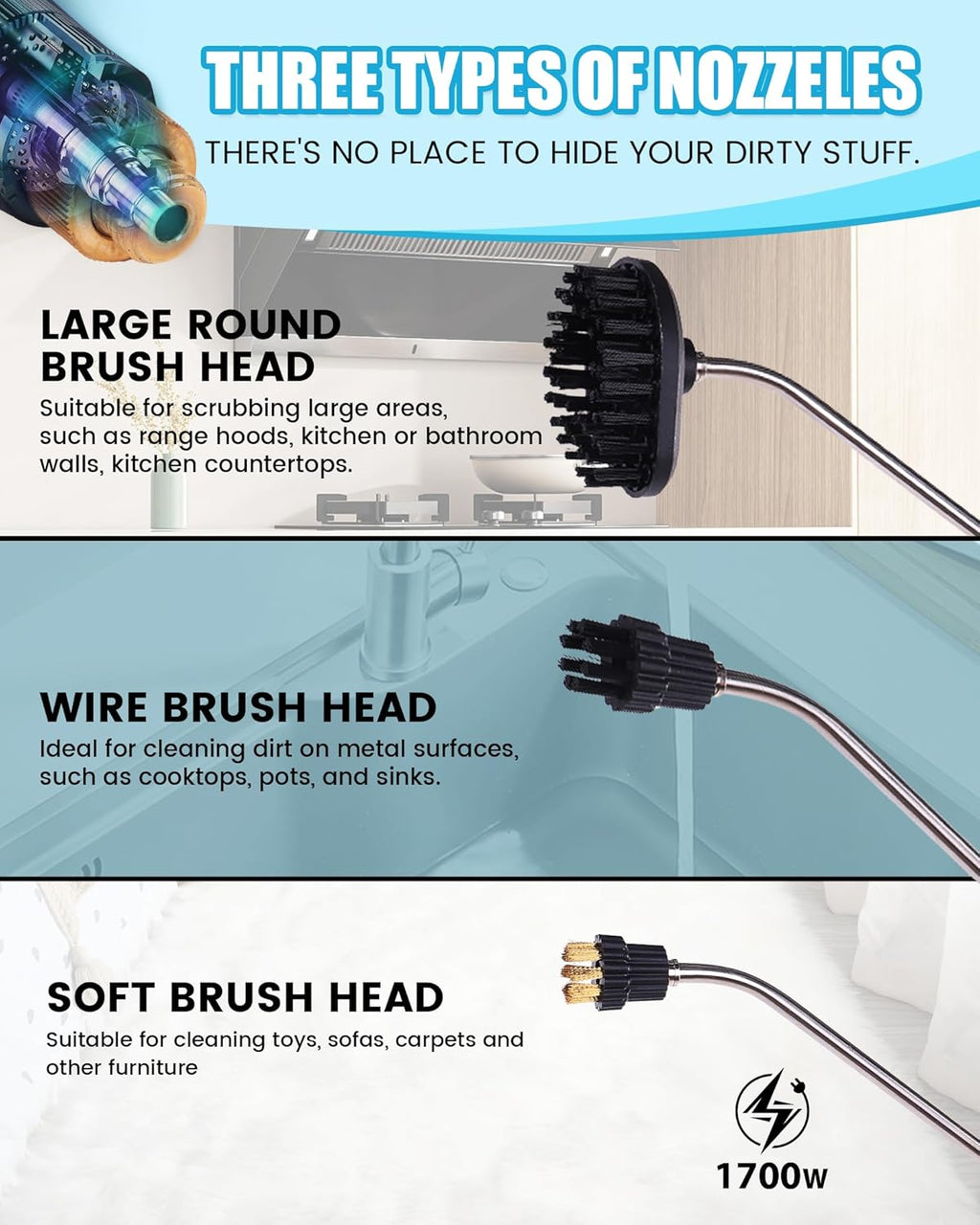 FoundGo 1700W Tankless Handheld Steam Cleaner with 7 Brushes 20s Heating to 239℉ Pressurized