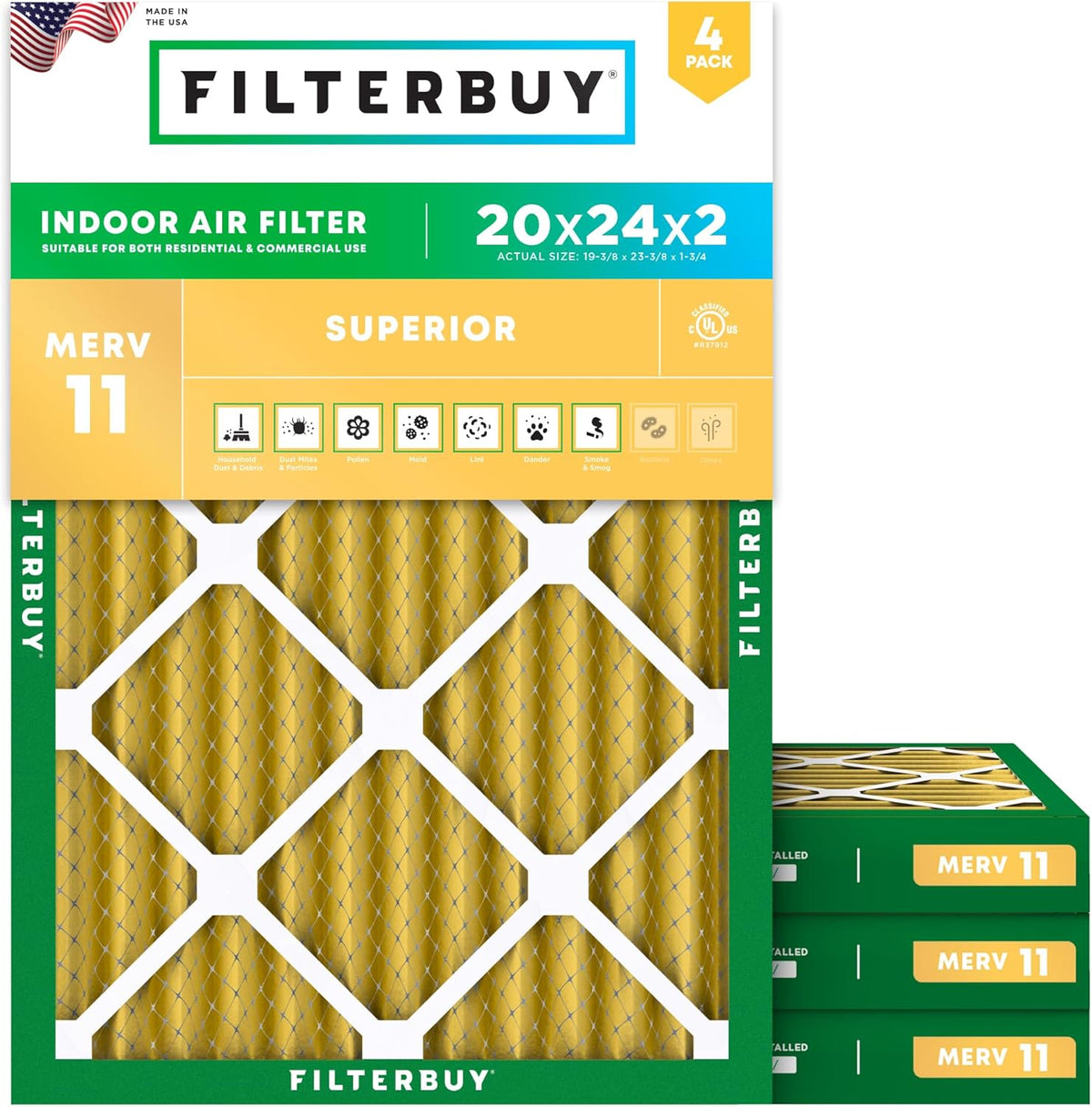 Filterbuy 20x24x2 Air Filter MERV 11 (MPR 1200) Allergen Defense Replacement (4-Pack)