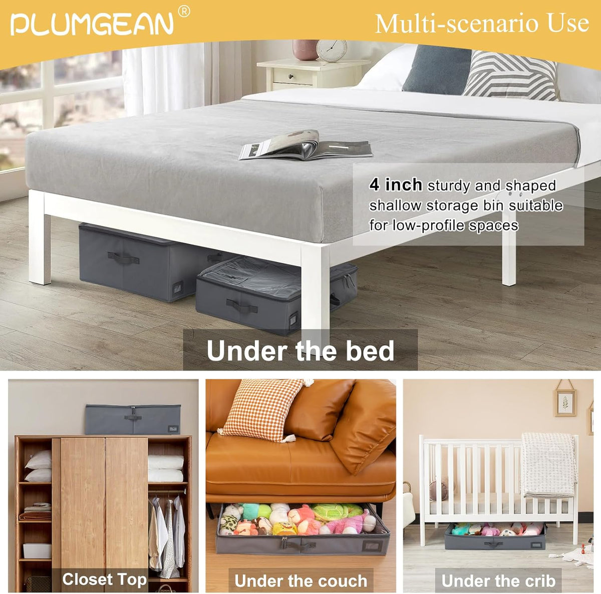 4-Inch Under Bed Storage Containers (2-Pack) | Sturdy Sidewalls | Clear Cover & Label Holder |