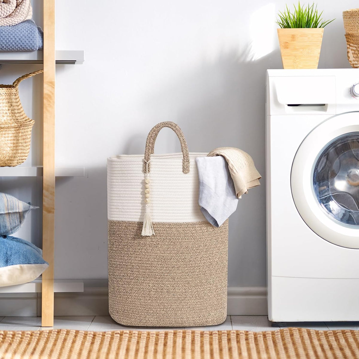 Woven Laundry Basket for Clothes, 80L Large Rectangle Laundry Hampers with Beads Tassel, Nursery