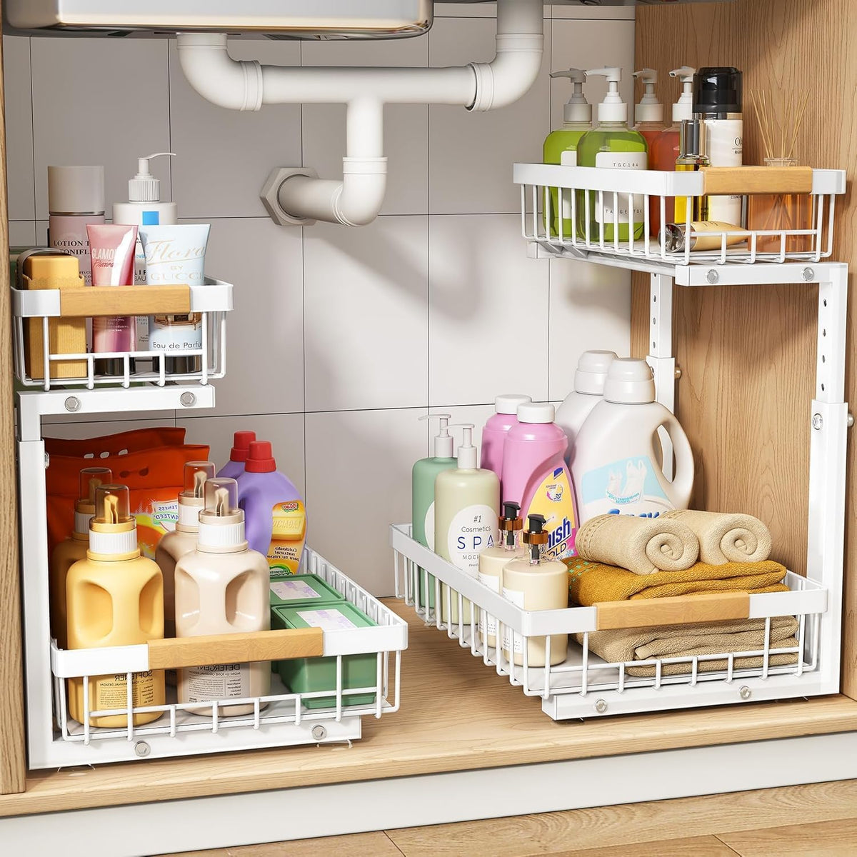 PXRACK 1 Pack Under Sink Organizer,Adjustable Height,2 Tier Pull Out Under Cabinet Organizer,Slide