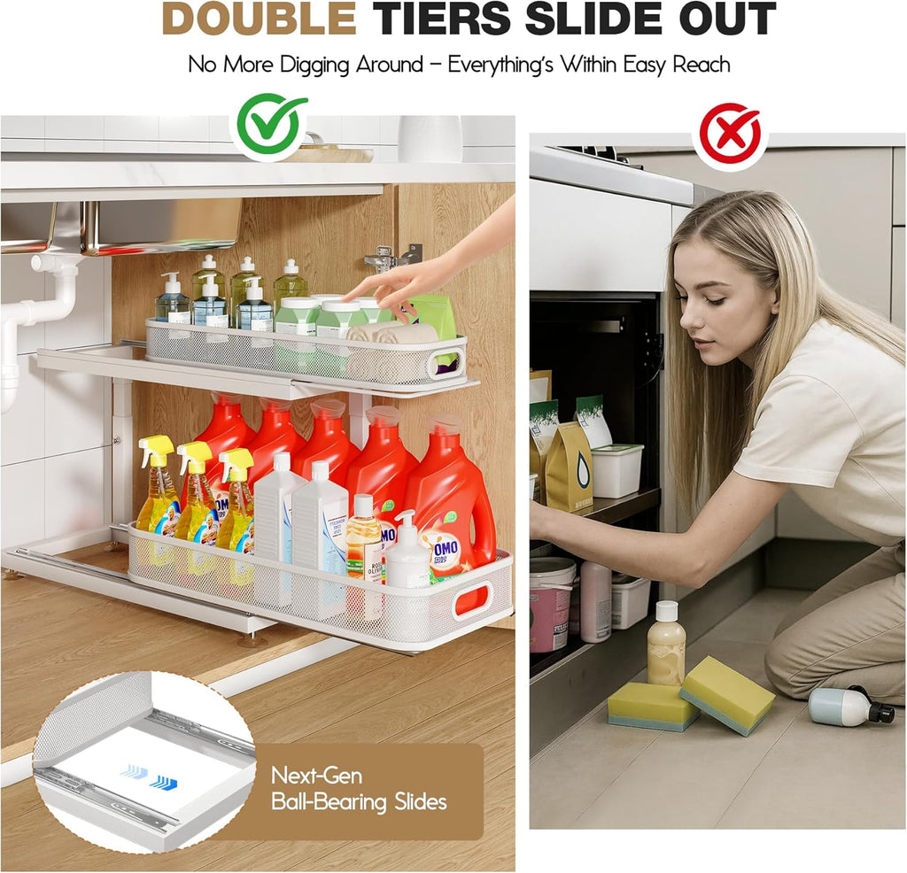 2-Pack 18.5 IN Depth Under Sink Organizer With Next-Gen Ball-Bearing Slides,Sophisticated Mesh
