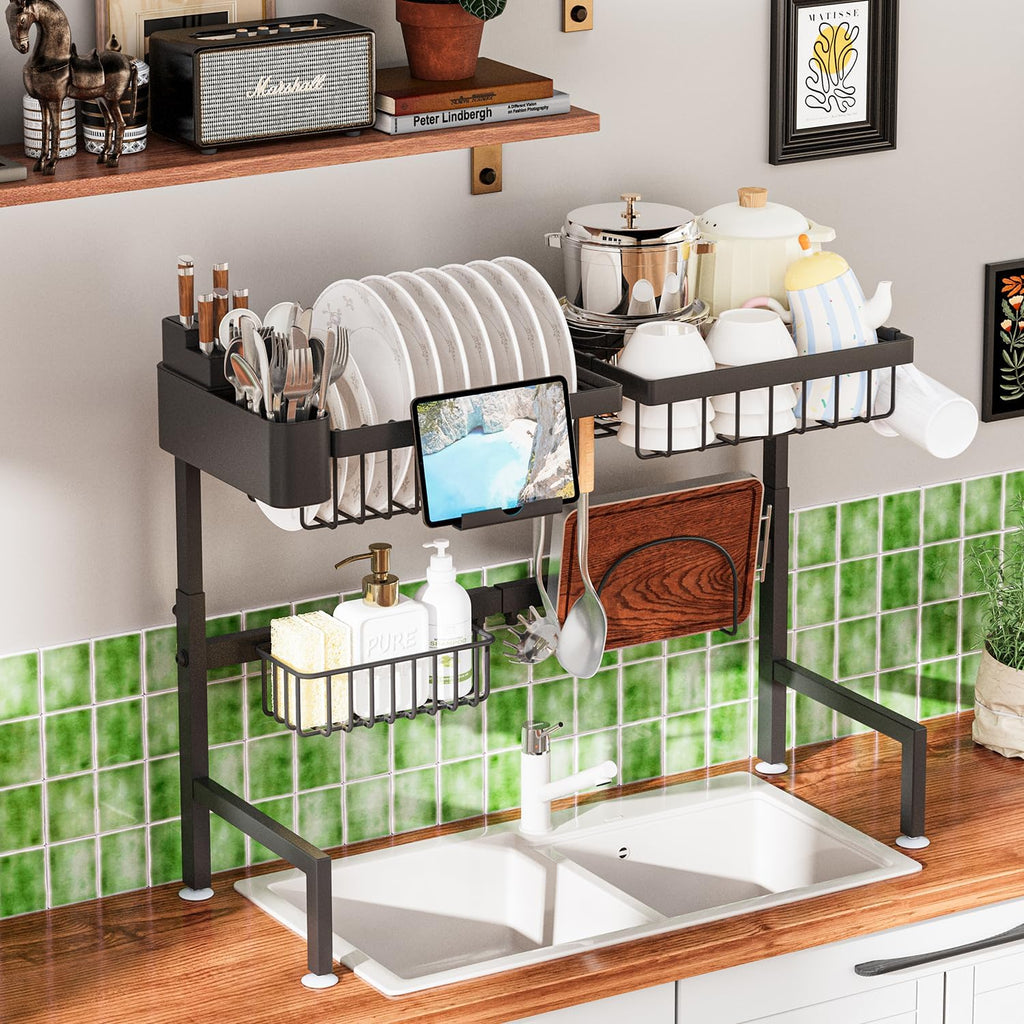 Over The Sink Dish Drying Rack, Expandable Height and Length, 2 Tier Large, Stainless Steel