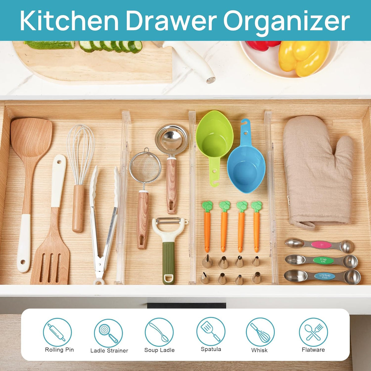 Vtopmart 8 Pack Shallow Drawer Dividers, 2.36" High 12.67"-21.14" Adjustable Expandable Kitchen