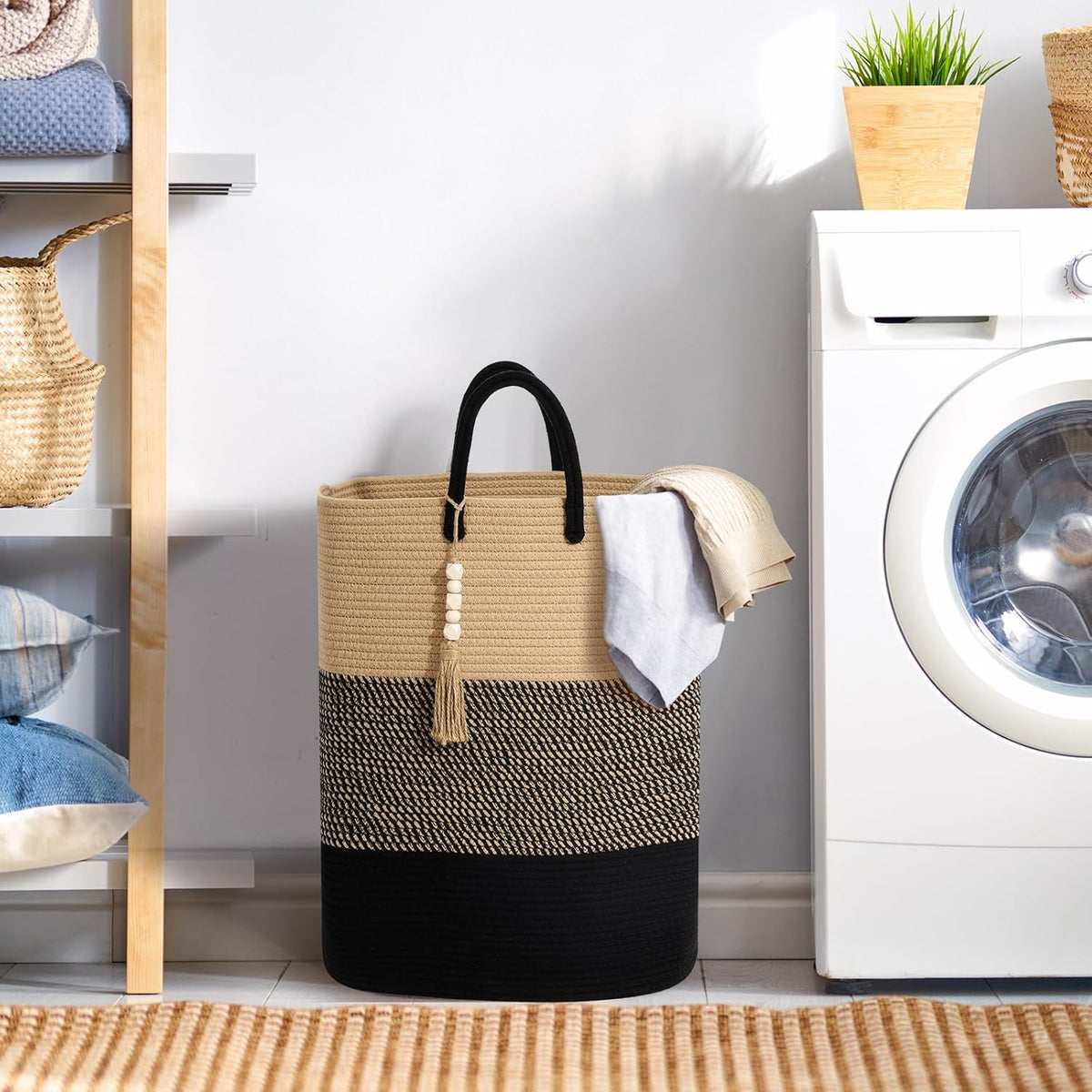 Woven Laundry Basket for Clothes, 80 L Large Rectangle Laundry Hampers with Beads Tassel, Nursery