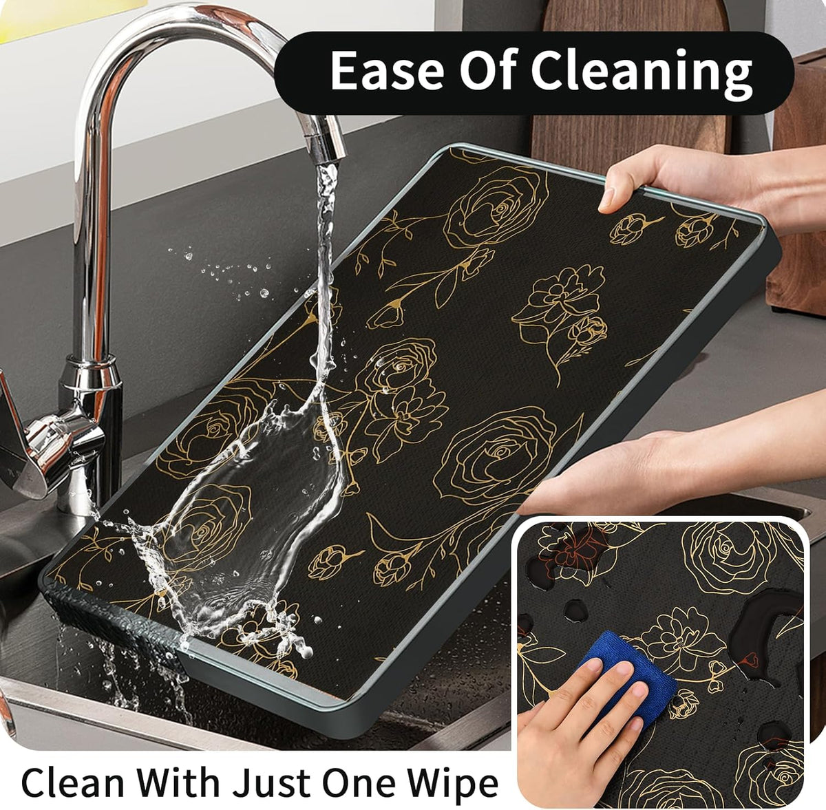 Shelf Liners for Kitchen Cabinets 12in x 20FT Non Adhesive Drawer Liner Black Floral Thickened