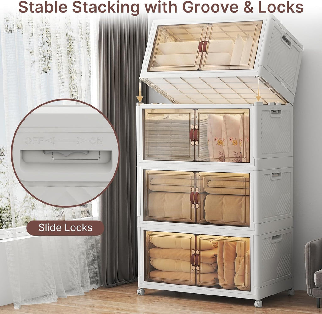 Extra Large Stackable Storage Bins with Lids & Wheels & Door, 660QT-165QT/41GAL*4Pack Foldable