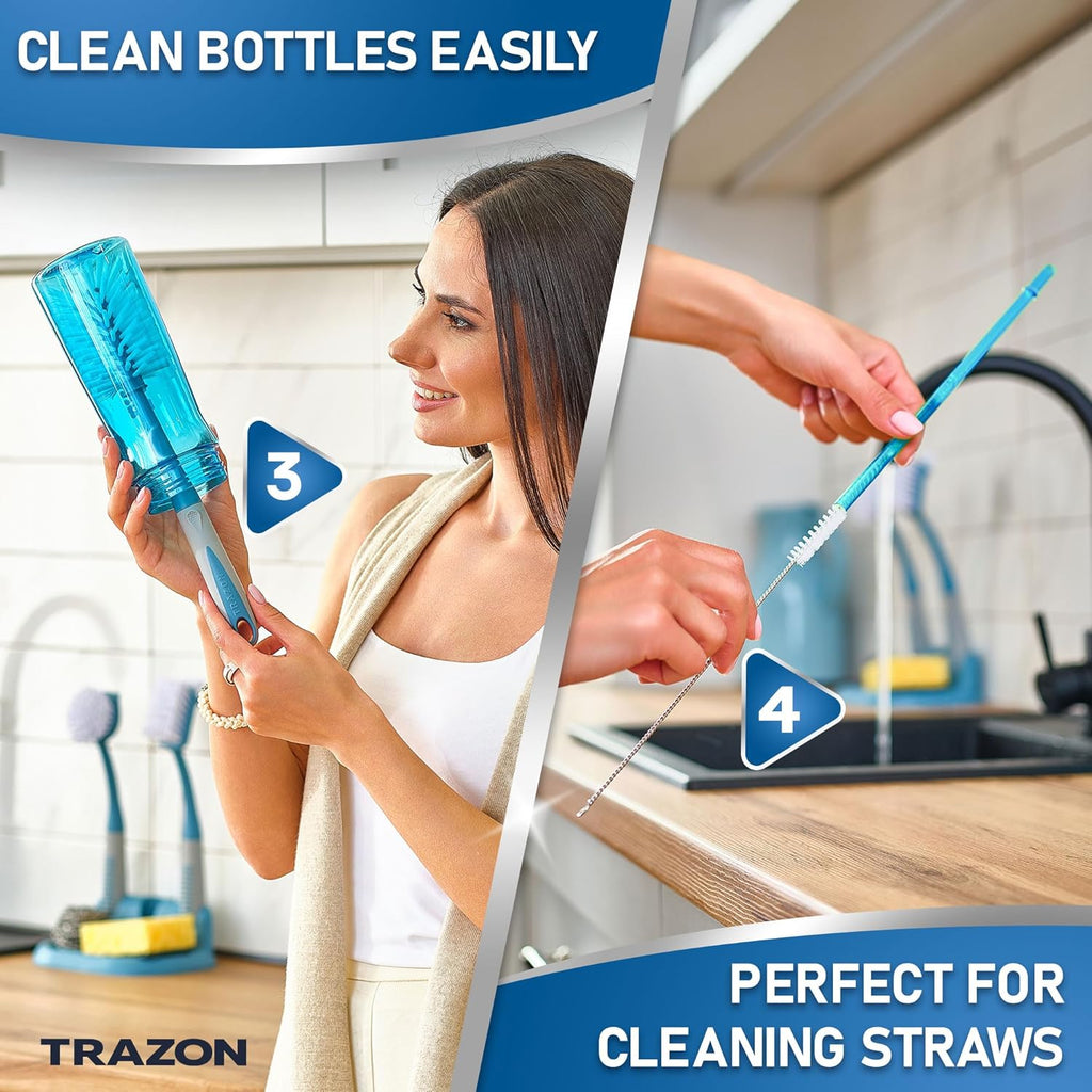 Dish Brush Set of 5 with Convenient Holder, Bottle Water Brush, Dish Scrub Brush, Scrubber Brush