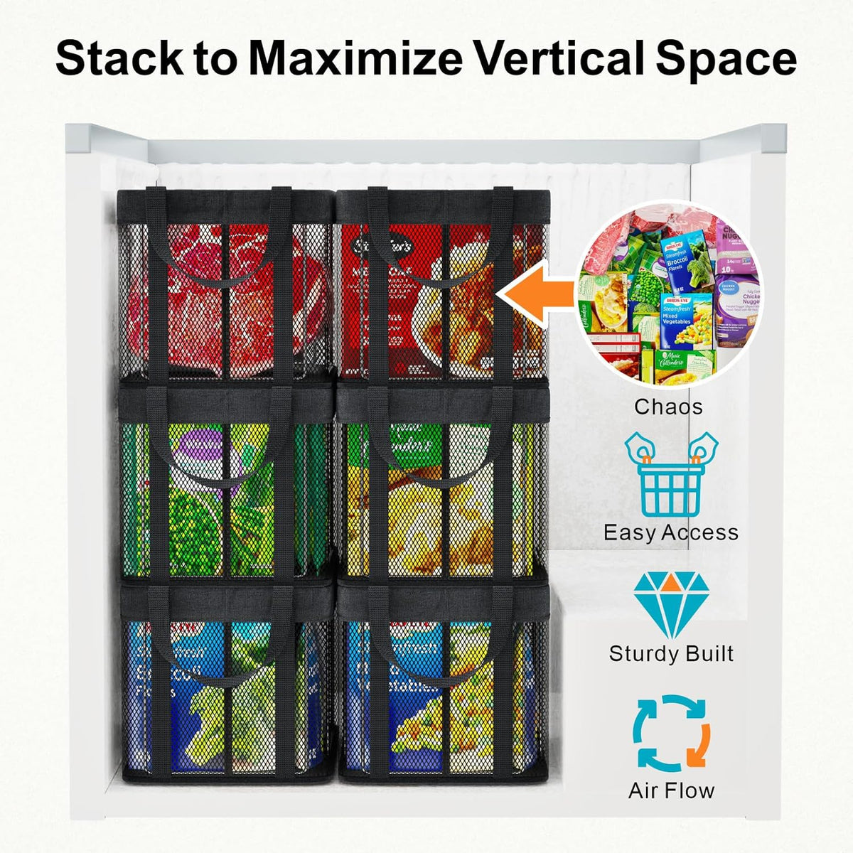 iSPECLE Deep Freezer Organizer Bins - 4 Pack Large Stackable Freezer Organizer Bins for 5 to 7