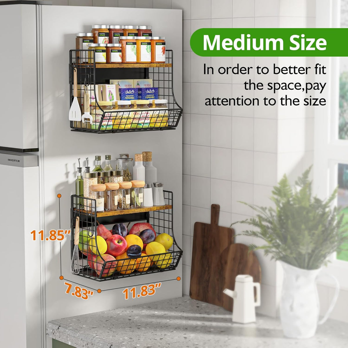 2 Pack Magnetic Shelf for Fridge with Wood Lid, Fruit Potato and Onion Storage Bins, Pantry