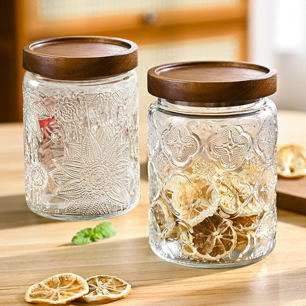 24 OZ/2 PCS Glass Storage Jar with Airtight Bamboo Wooden Lids, Vintage Food Containers Canisters