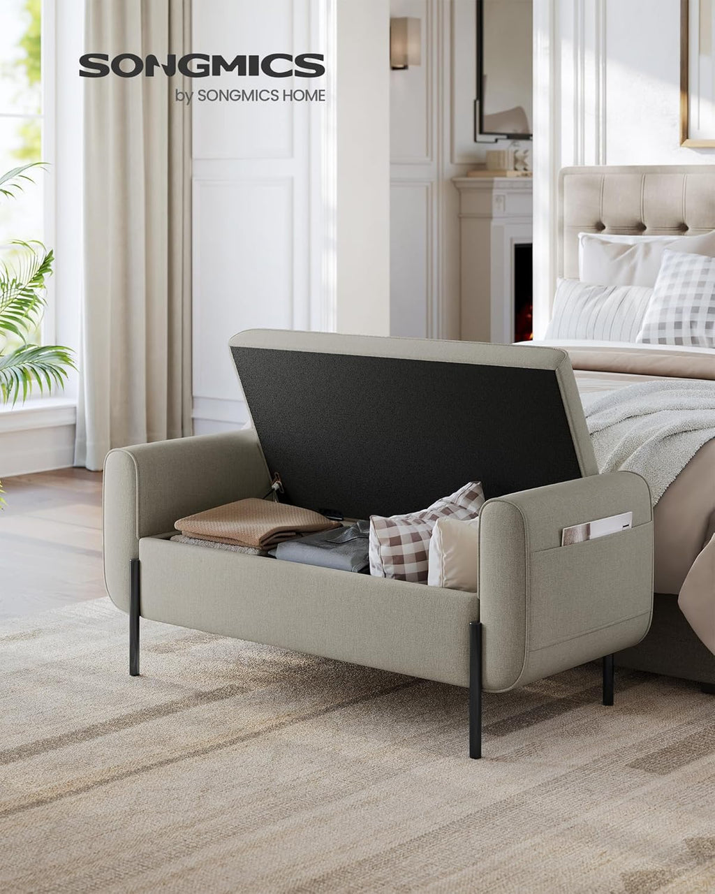 SONGMICS Storage Bench with Armrests, Ottoman with Storage for Living Room, Storage Ottoman Bench