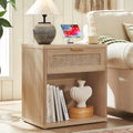 LEYAOYAO Rattan Nightstand with Charging Station, 23" Wide Boho Night Stand with Drawer, Natural