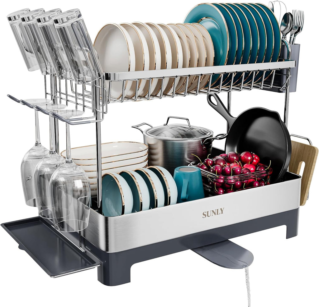 SUNLY Large Dish Drying Rack, Multipurpose 2 Tier Dish Racks for Kitchen Counter, 304 Stainless
