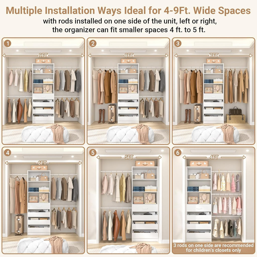 Aheaplus Closet System, 4-9Ft Closet Organizer with 4 Wooden Drawers, Wood Closet Organizer System