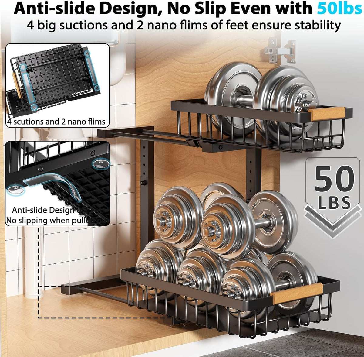 Under Sink Organizer Storage 2 Pack, 2 Tier Slide Out Height Adjustable Pull Out Cabinet Organizer