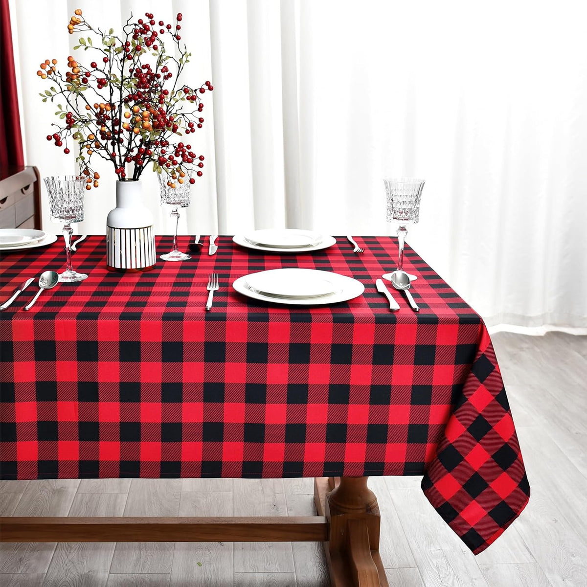 Gingham Xmas Tablecloth Fabric - Oblong 58x120 Water Resistant Christmas Plaid Table Cloth for
