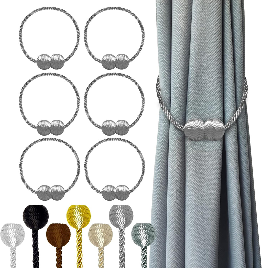 Hion Magnetic Curtain Tiebacks Grey 6 Pack, Curtain Tiebacks Buckles Holdbacks Holders Hooks Clip