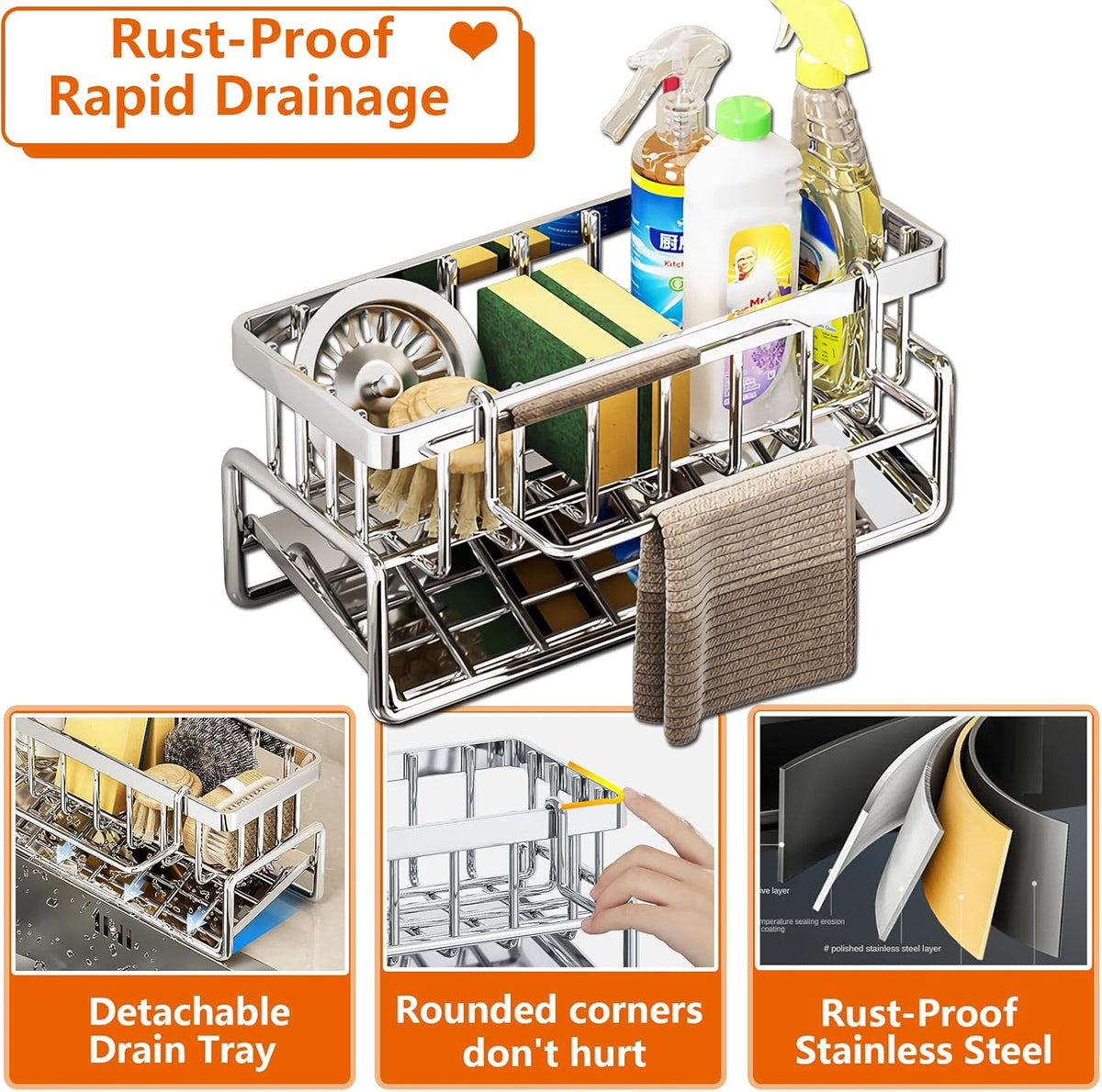 Sponge Holder for Kitchen Sink, Sink Caddy Organizers Stainless Steel,30°Tilt Self-Drainage,Sponge