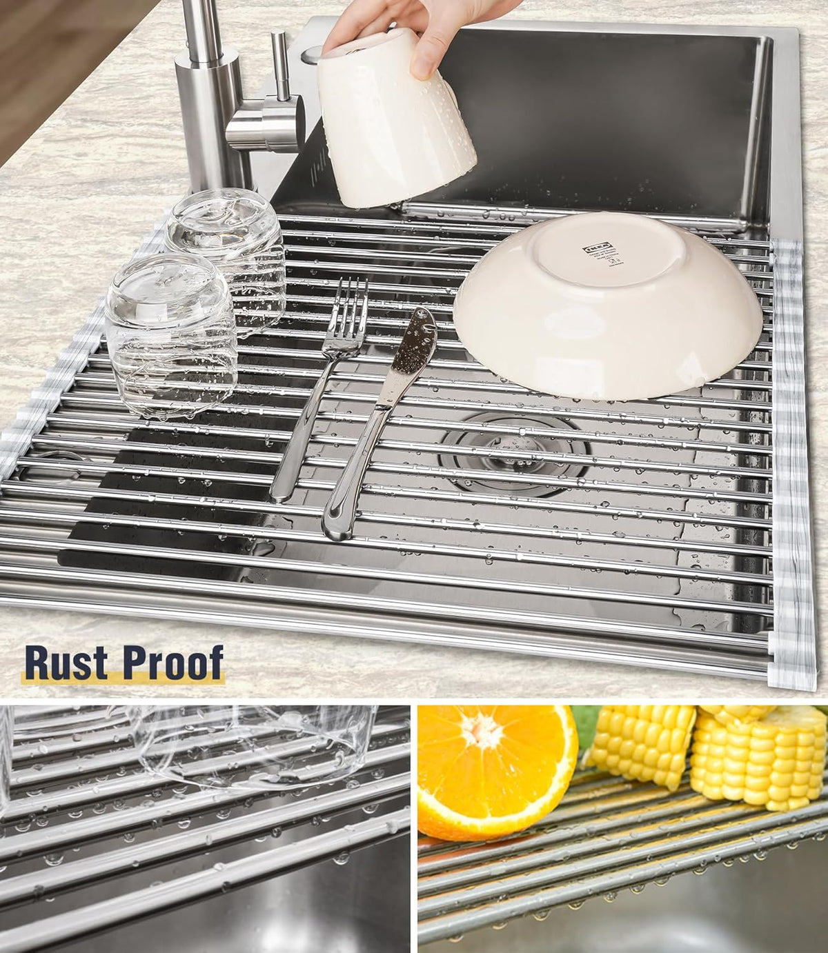 Tomorotec Stainless Steel Roll-Up Dish Drying Rack Marble Color Silicone Edges, Foldable Kitchen