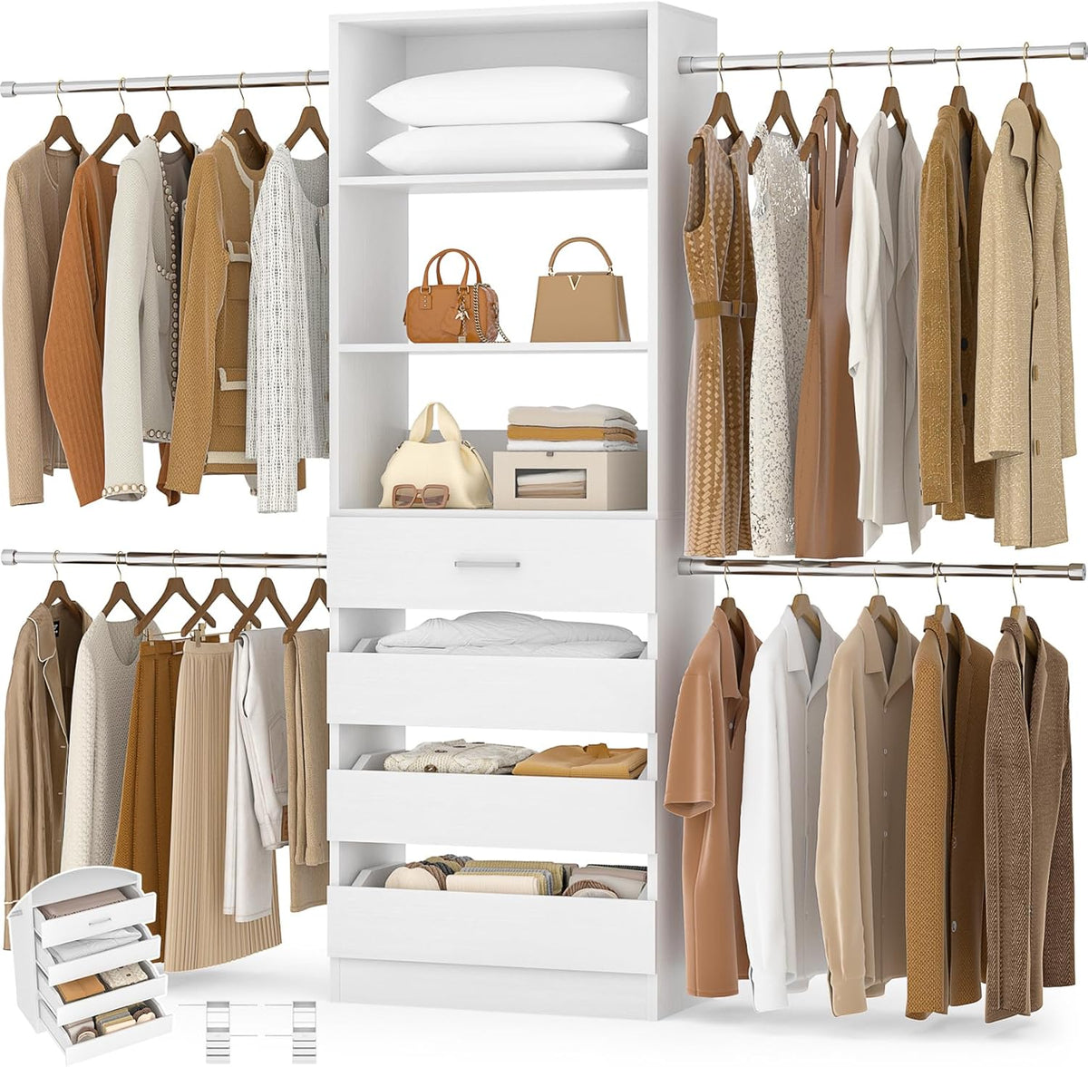 Aheaplus Closet System, 4-9Ft Closet Organizer with 4 Wooden Drawers, Wood Closet Organizer System