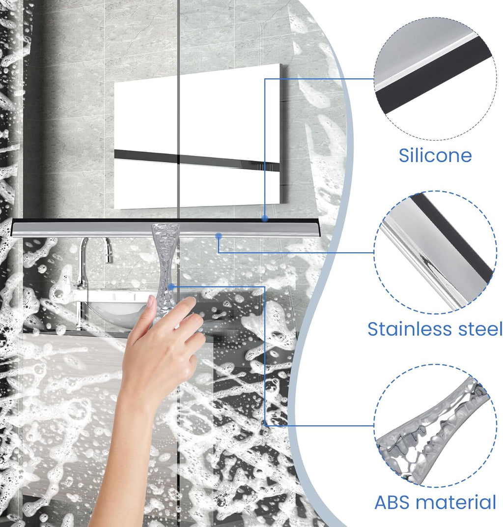 12" Silver Shower Squeegee with Hammered Handle & Waterproof Hook for Glass Doors, Silicone