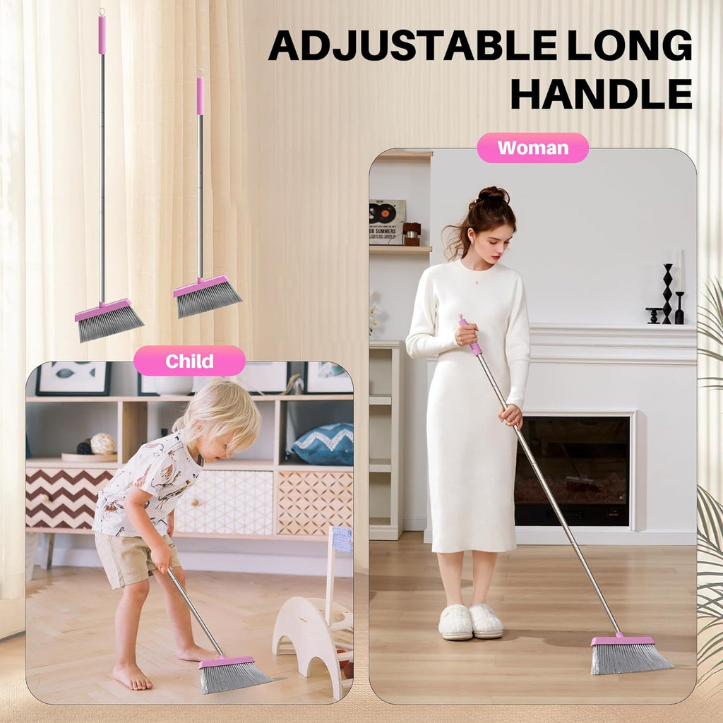JOYMOOP Pink Broom and Dustpan Set, Upright Angle with Built-in Comb Teeth for Kitchen, Lobby, Pet