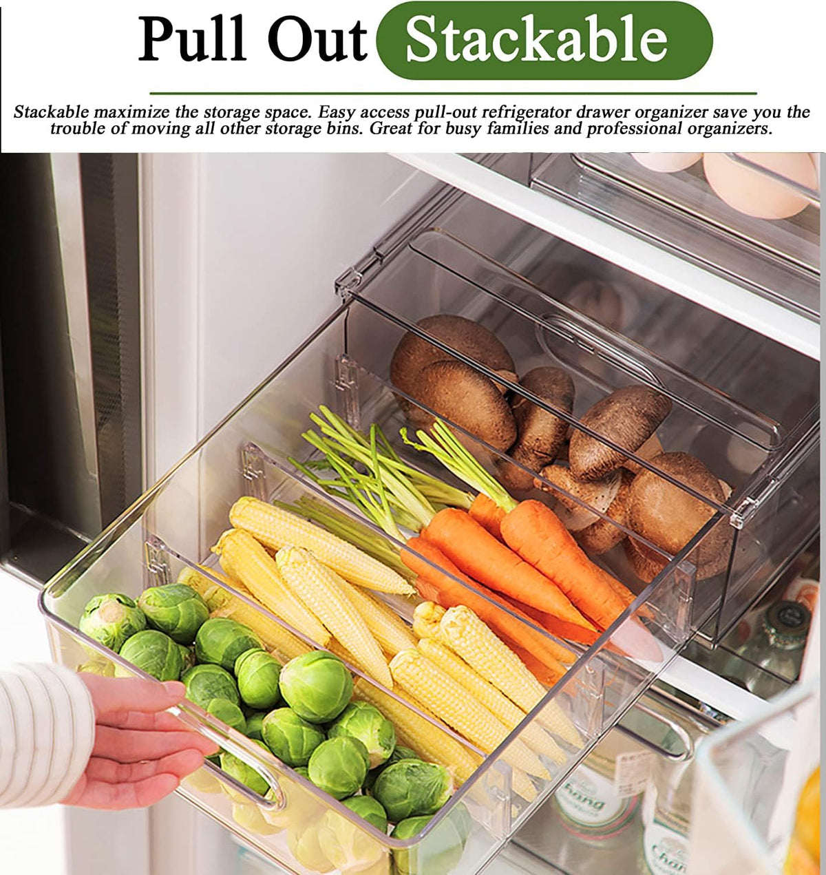 bealy Stackable Clear Storage Drawer with 3 Dividers for Pantry Shelf, Fridge Organizer for Fruit