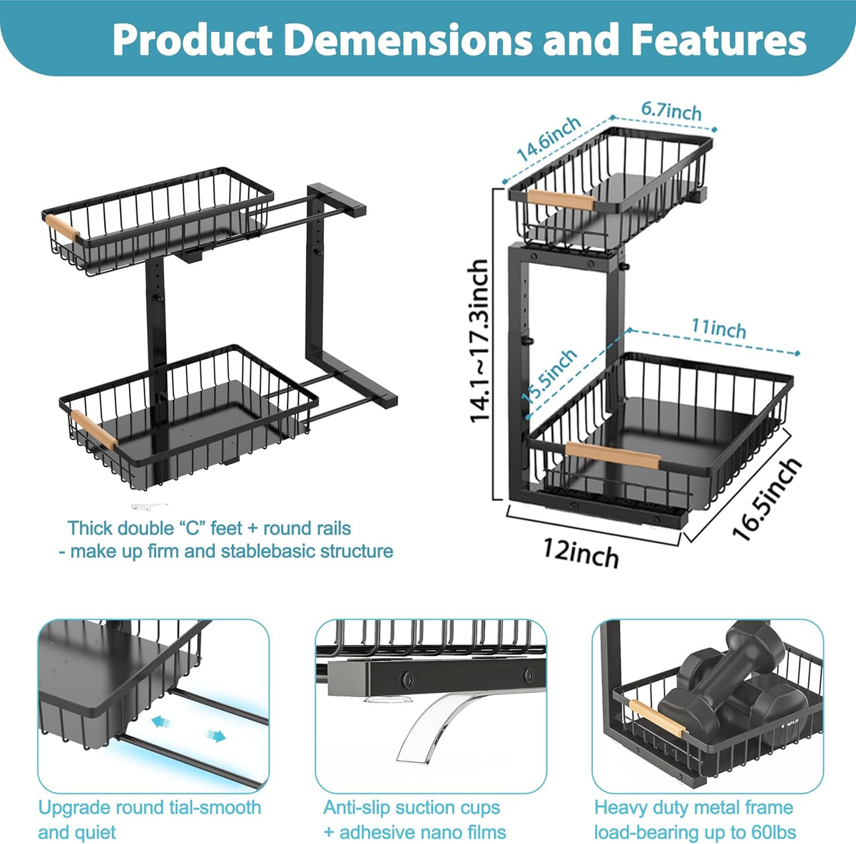 Under Sink Organizer Storage 2 Pack, 2 Tier Slide Out Height Adjustable Pull Out Cabinet Organizer